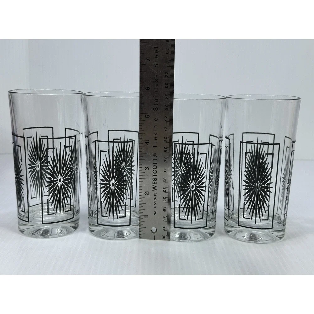 4 Vintage Atomic Mid Century Modern‎ Black Starburst Drinking Glass Tumbler
